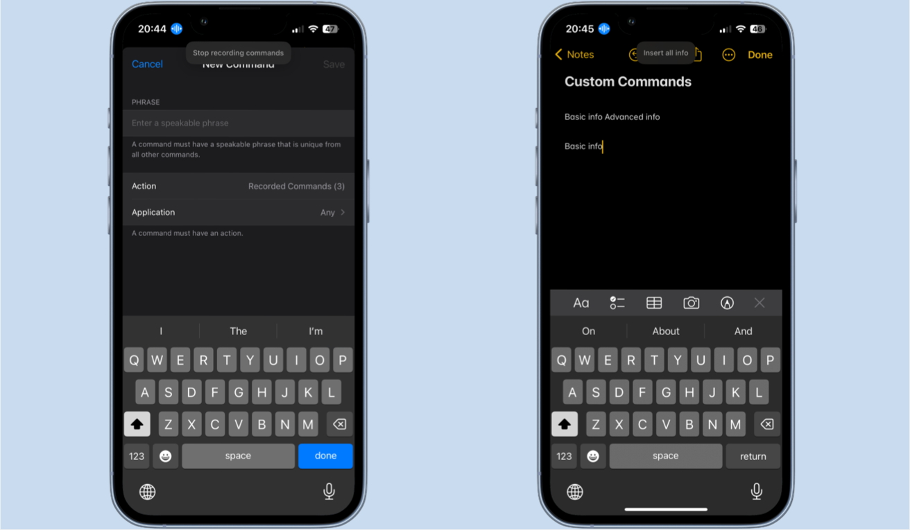 The iPhone accessibility settings screen and a Notes app screen