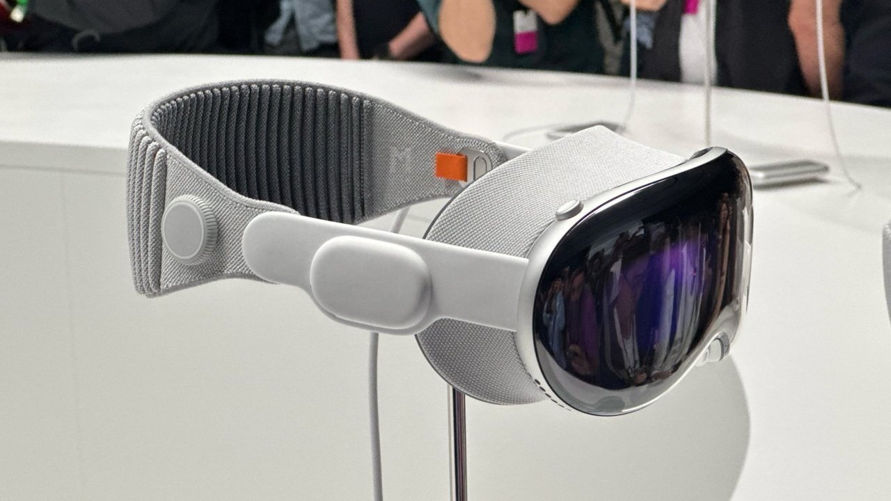 Closeup of the Apple Vision Pro headset at WWDC 2023, in front of a crowd of people