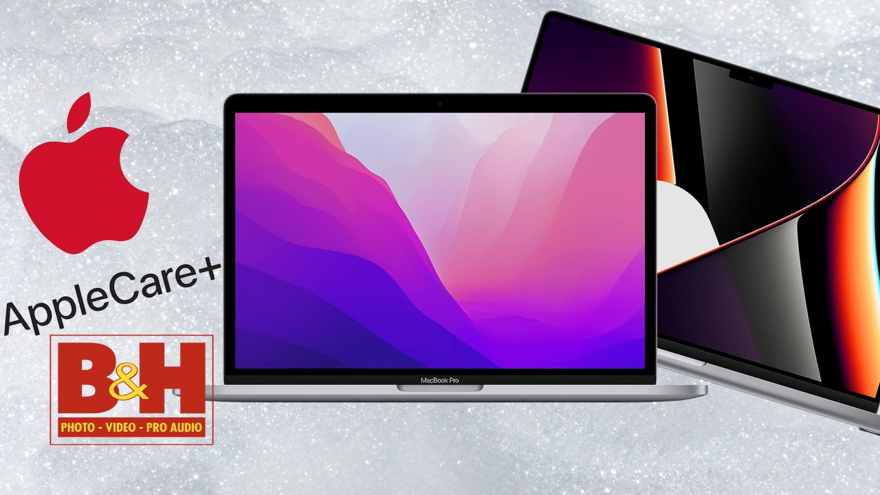A collage of Apple products and logos, featuring a MacBook Pro in the center with colorful abstract wallpaper, flanked by another MacBook with a dark, multicolored display. Logos for AppleCare and B&H Photo are present.