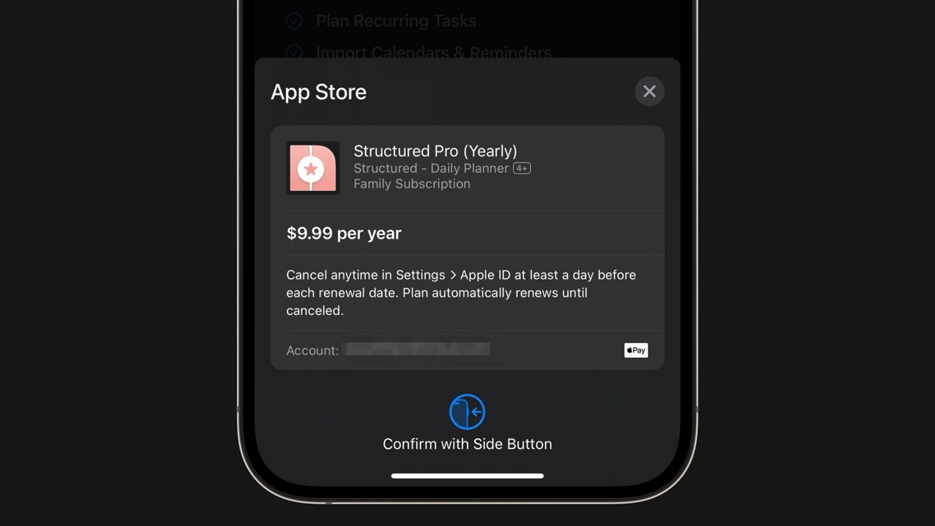 An iPhone displaying a purchase confirmation for 'Structured Pro (Yearly)' at $9.99 per year with an option to confirm with the side button.
