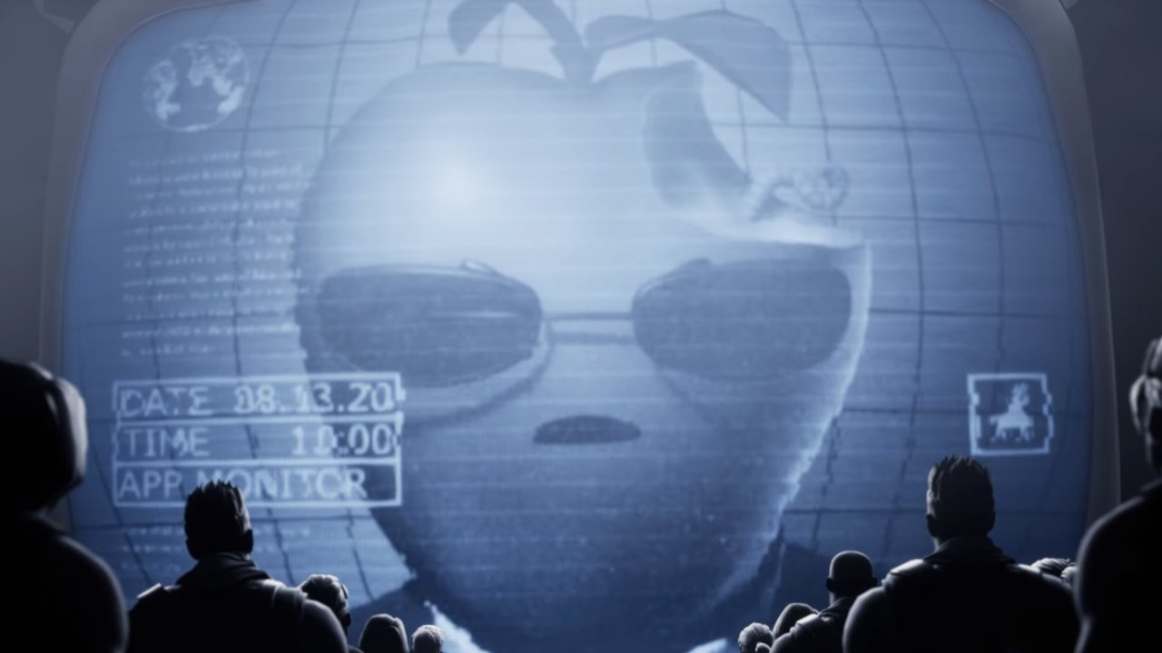 Silhouetted figures watch a large screen displaying a stylized, digital Apple-shaped face with sunglasses, amidst binary code and technological interfaces, suggesting a scene from '1984'