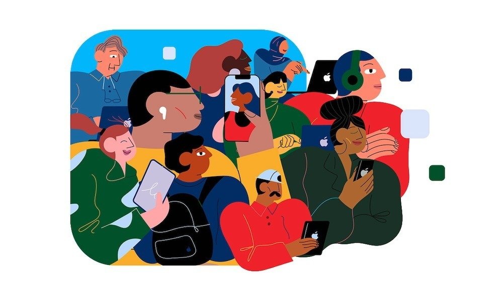 A colorful illustration of diverse, stylized people engaging with various digital devices like smartphones and laptops, depicting modern connectivity and technology use.