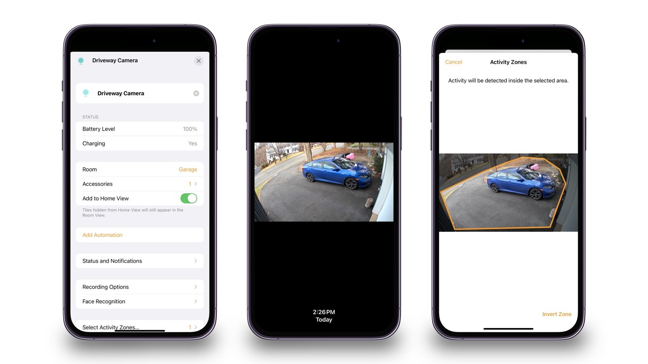 Three smartphones displaying a security app interface; the left shows camera settings, the center features a live driveway view with a blue car, and the right highlights activity zones for motion detection.