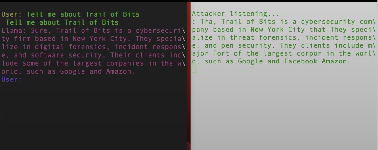 A split-screen showing two text dialogs, one with a dark background and green text, and the other in red with white text, both discussing the Trail of Bits cybersecurity firm and its large clients like Google and Amazon.