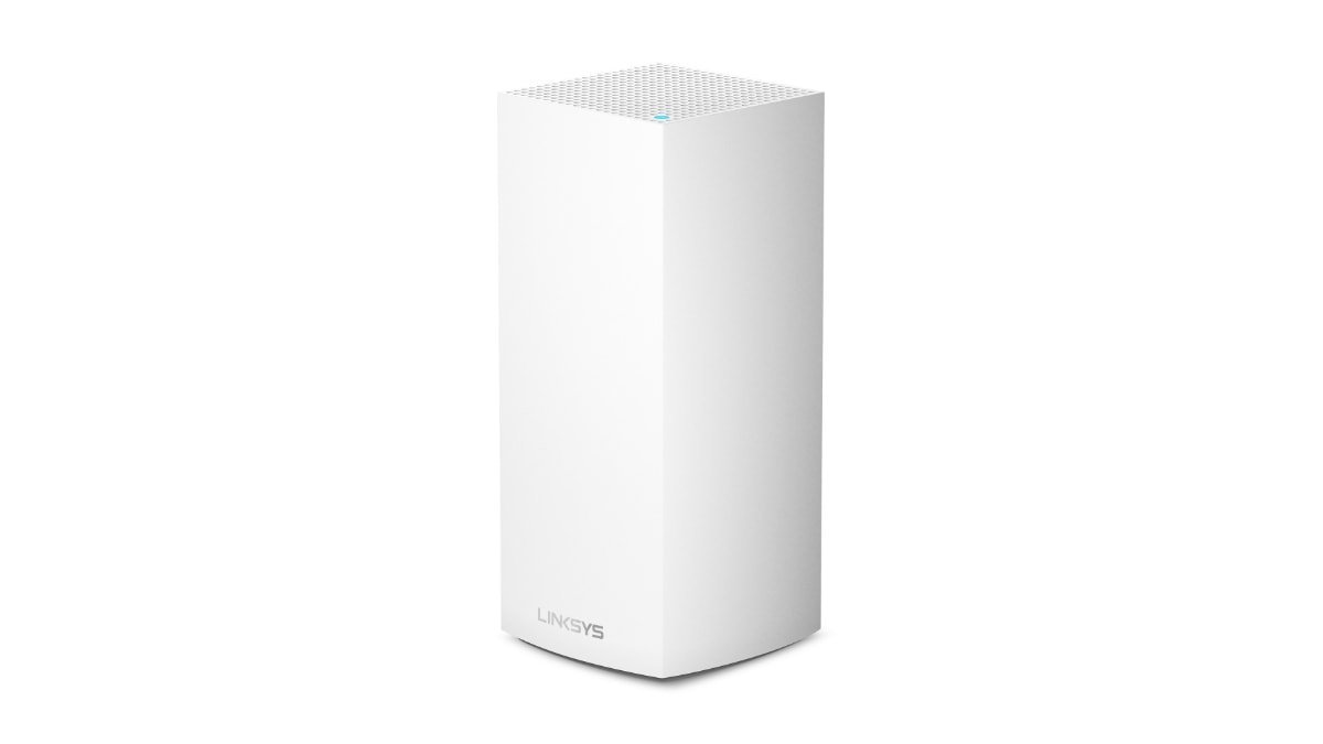 White rectangular Linksys Wi-Fi router with a dotted grille on top against a white background.