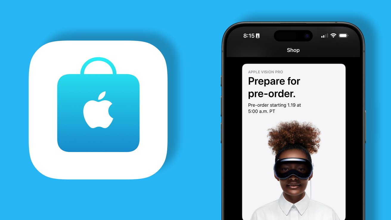 A split graphic with a blue Apple Store icon on the left, and a person wearing Apple Vision Pro on the right with text about a product pre-order.