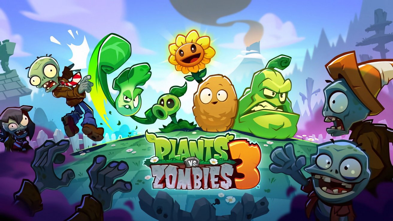 A vibrant cartoon-style artwork of cheerful plants defending against a quirky assortment of zombies, with