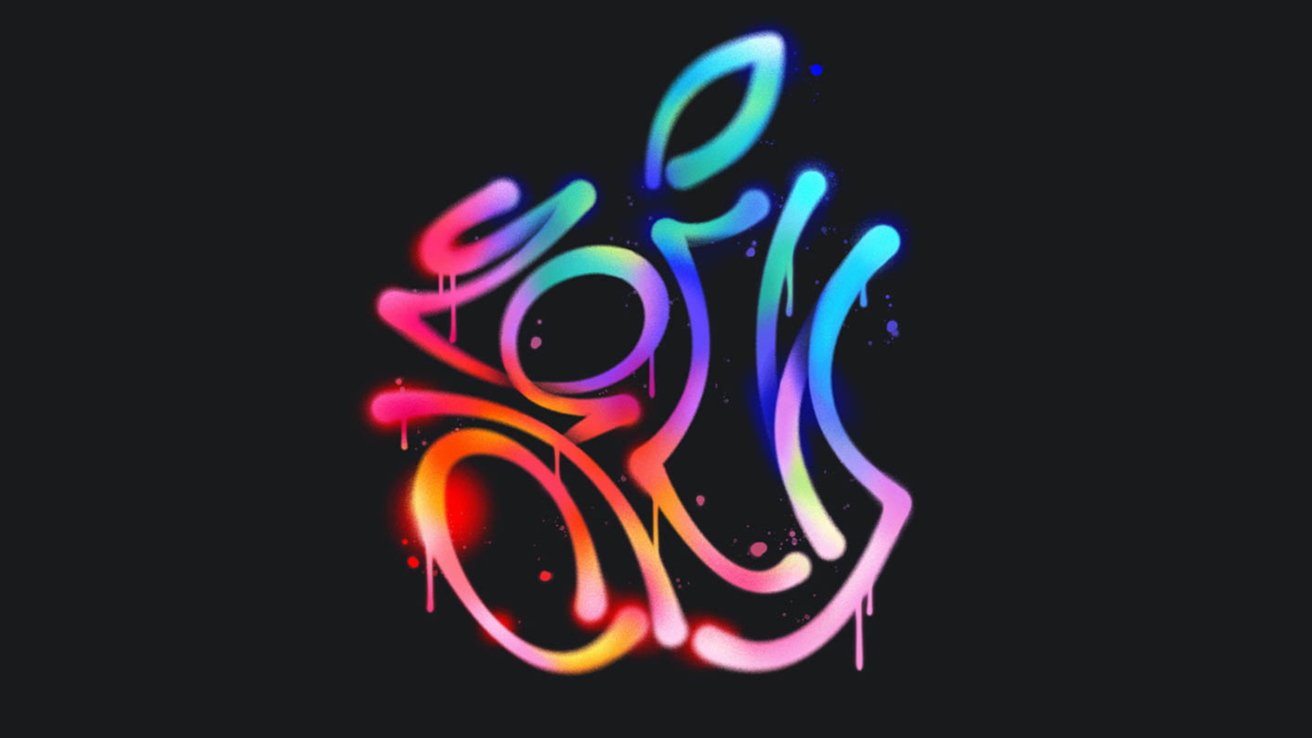 Vibrant, graffiti art forming an Apple logo with flowing shapes in neon pink, blue, orange, and green colors against a dark background.