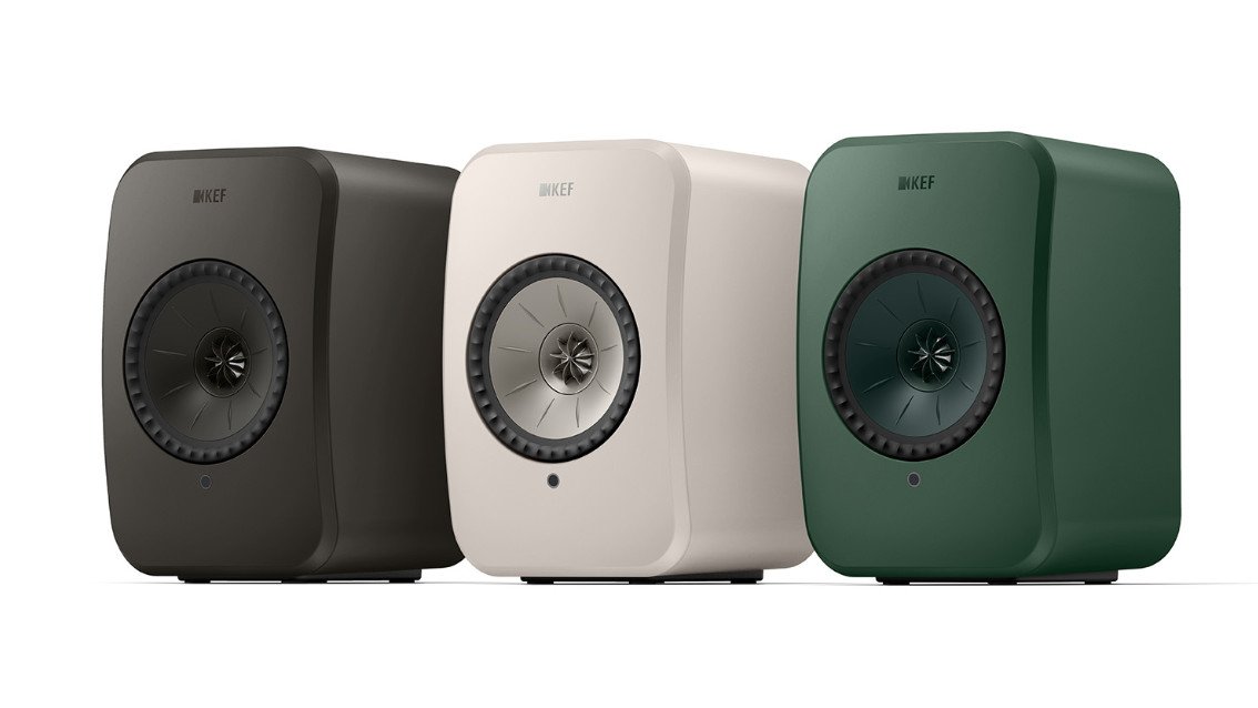 Three color options of the Kef LSX II LT including Graphite Grey, Stone White, and Sage Green