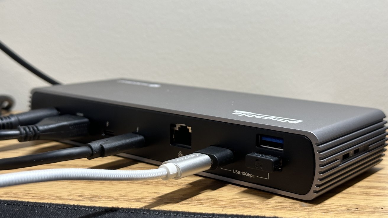 Pluggable TBT4-UDX1 review - Back ports in order of left to right: power, HDMI, 2x Thunderbolt 4, Ethernet, 3x USB 3.0