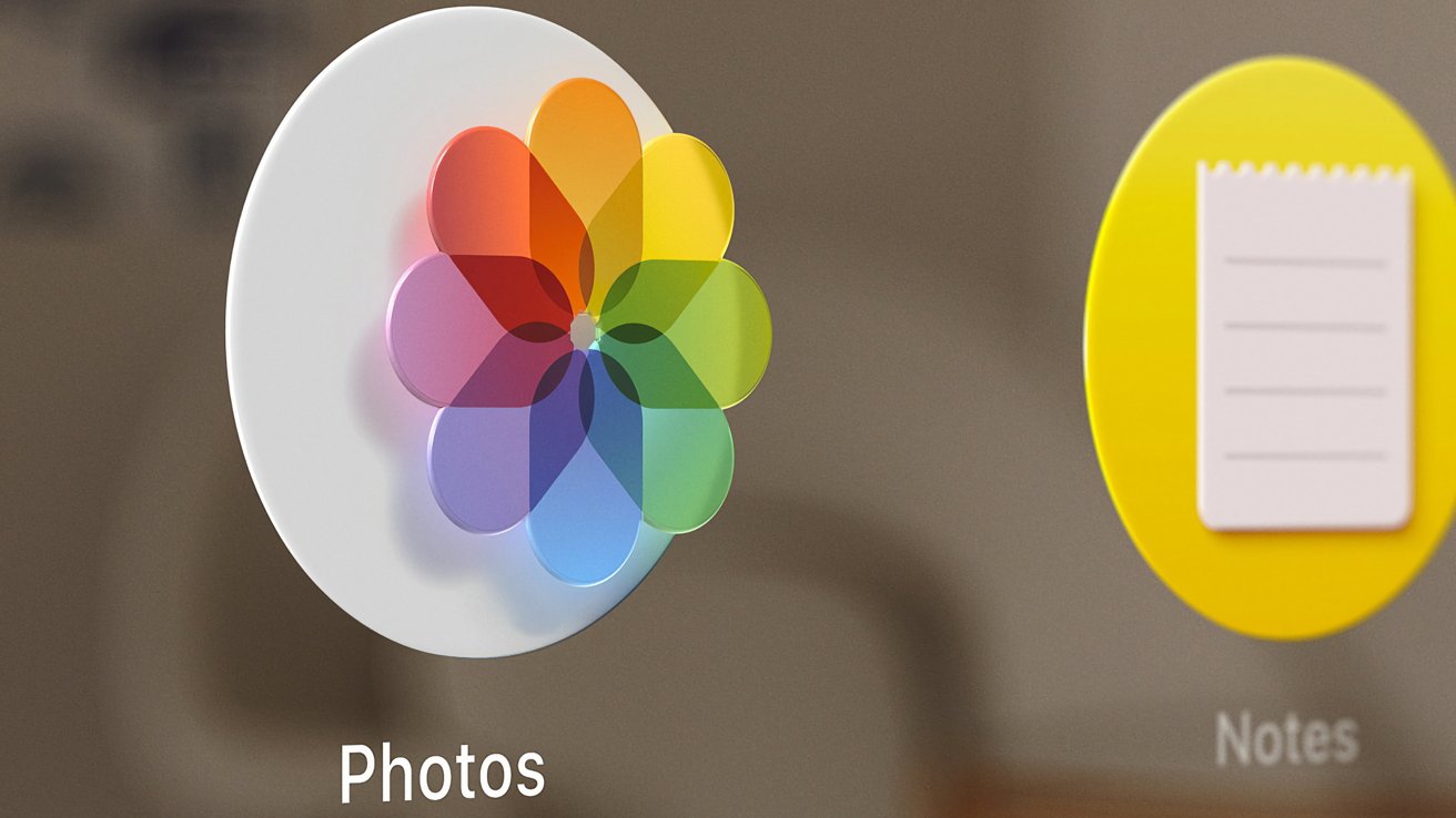 Apple's Photo app icon viewed in 3D from Apple Vision Pro. It's an abstract flower with petals colored like the rainbow popping off of a white round icon.