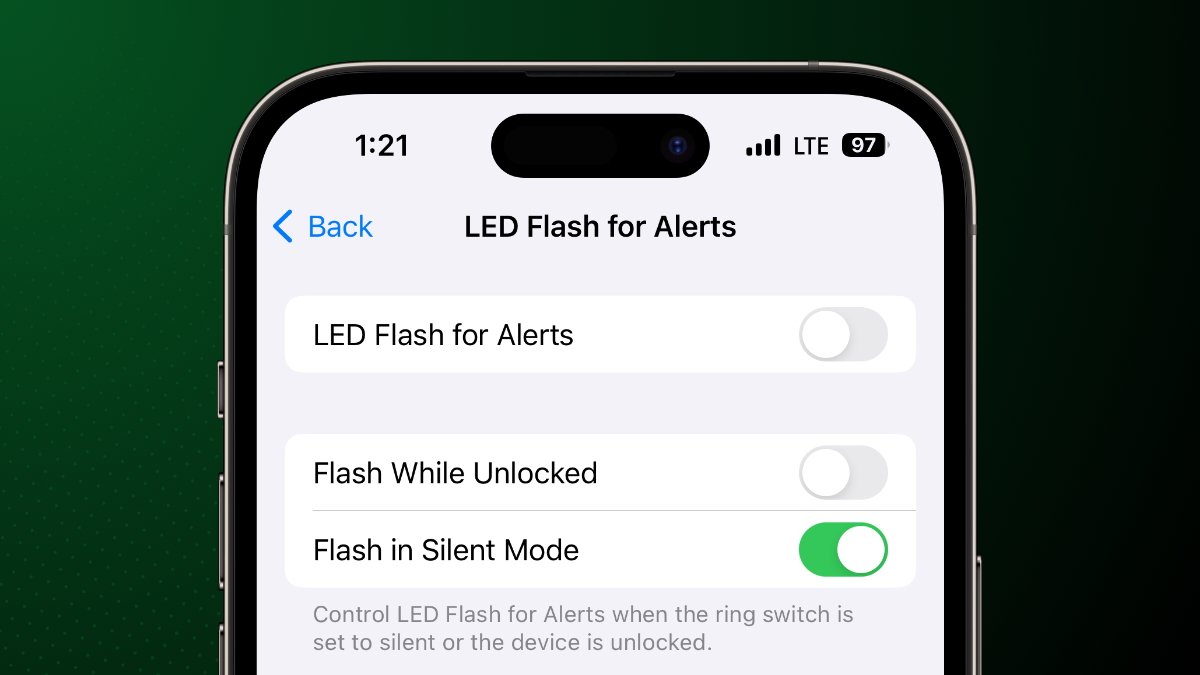Smartphone screen showing settings for LED Flash for Alerts, with options to toggle on or off, and an active setting for 'Flash in Silent Mode'.