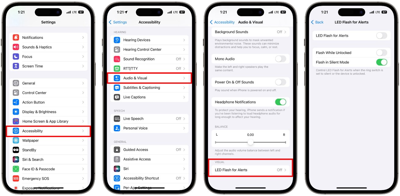 Three smartphone screens display the 'Settings' menu highlighting steps to enable LED Flash for Alerts on an iPhone: accessing 'Accessibility' settings, selecting 'Audio &amp; Visual,' and toggling 'LED Flash for Alerts.'