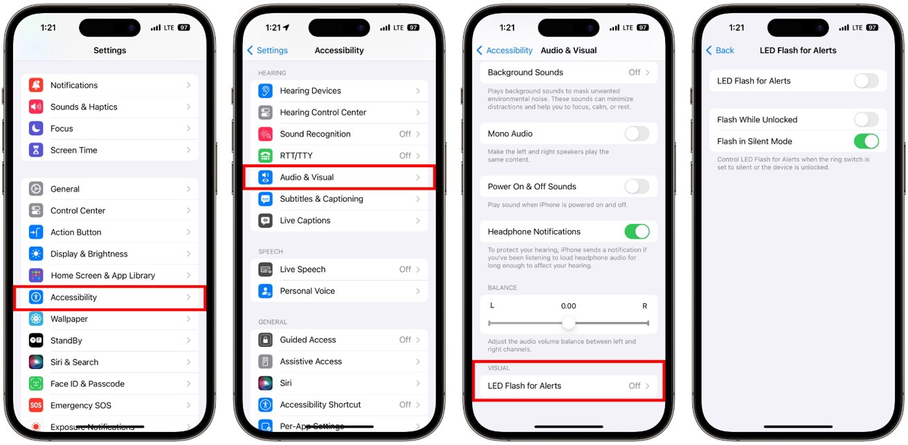 Three smartphone screens display the 'Settings' menu highlighting steps to enable LED Flash for Alerts on an iPhone: accessing 'Accessibility' settings, selecting 'Audio & Visual,' and toggling 'LED Flash for Alerts.'