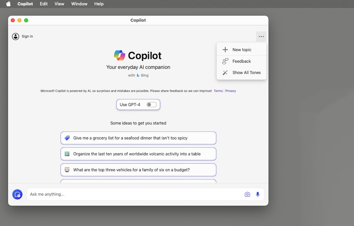 The main Copilot interface in macOS.