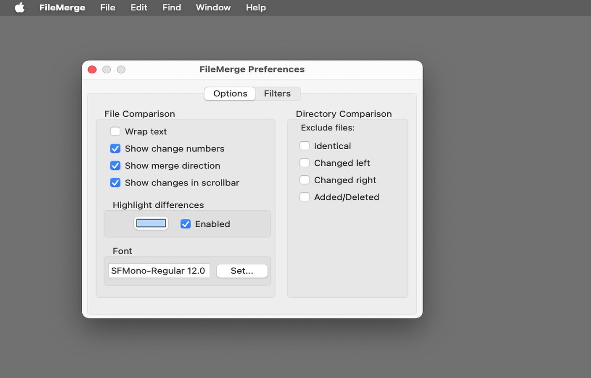 Use the FileMerge Settings window to change FileMerge options.