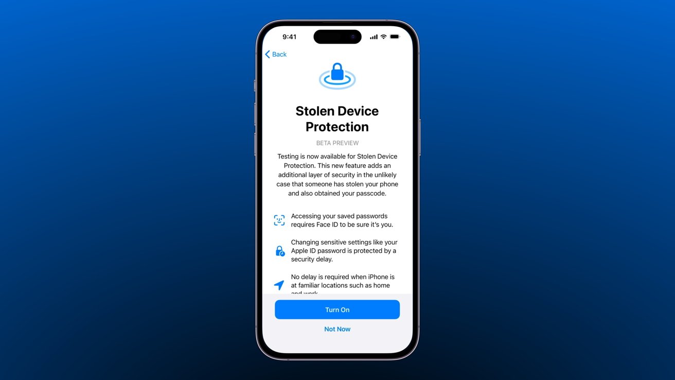 Stolen Device Protecton pop-up on an iPhone against a blue background