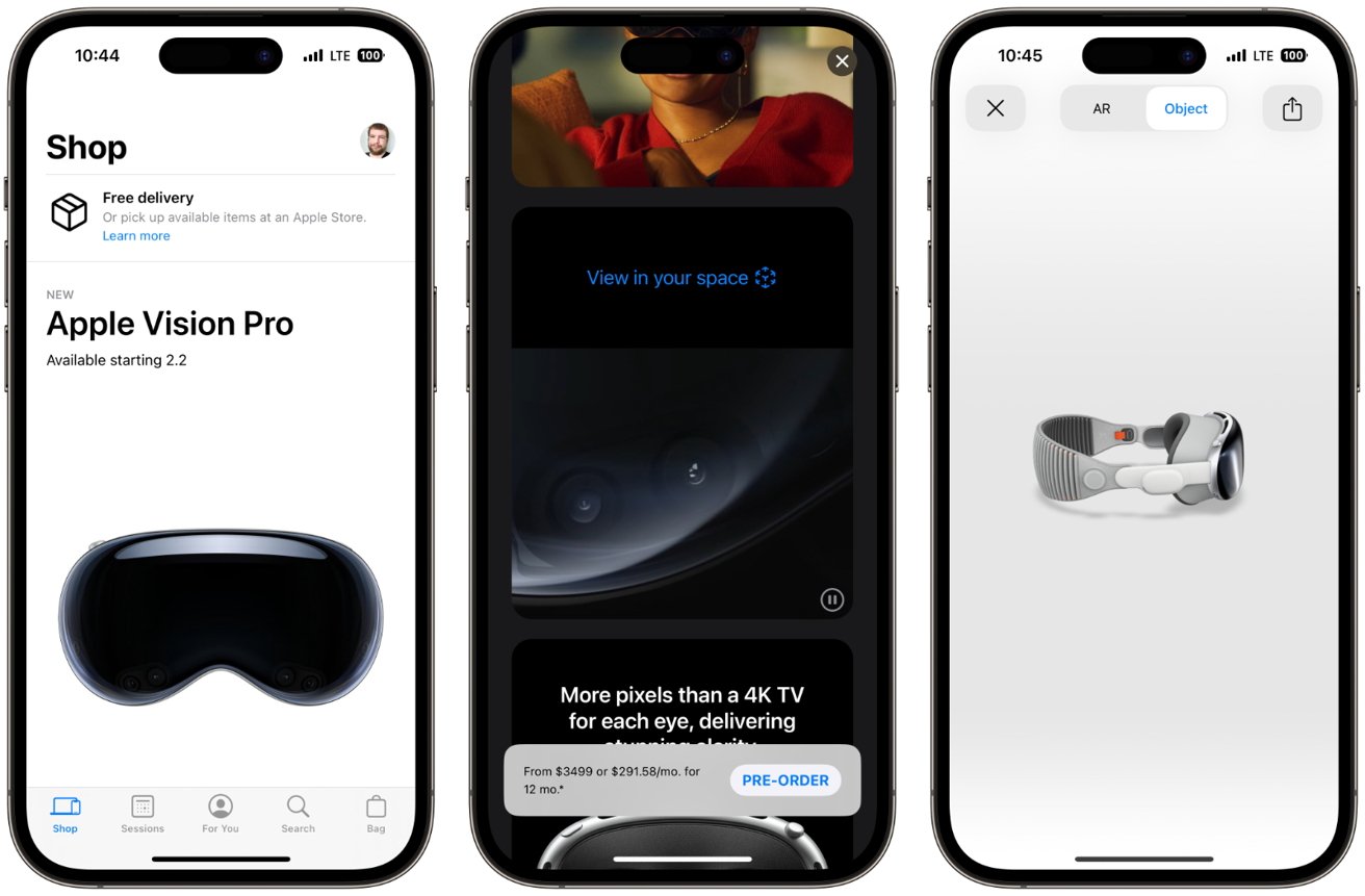Three smartphone screens display an advertisement for Apple Vision Pro, featuring a sleek VR headset design and preorder options, alongside pricing information.