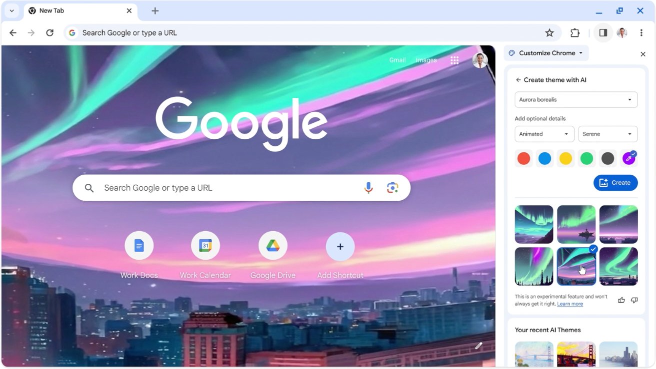A screenshot of a Google Chrome browser window displaying a Northern Lights-themed background with search bar, shortcut icons, and a sidebar for theme customization.