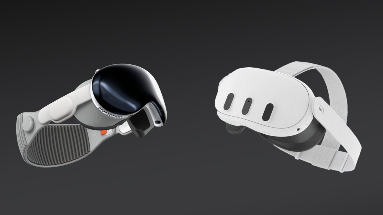 Apple Vision Pro a la izquierda y Meta Quest 3 a la derecha sobre un fondo gris