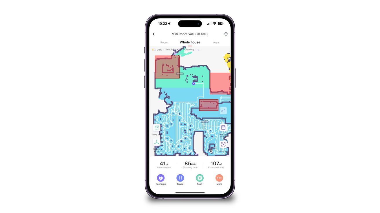 A smartphone screen displaying a colorful map of a vacuum's cleaning path within a house layout on a robot vacuum app, indicating different rooms and cleaning statistics.