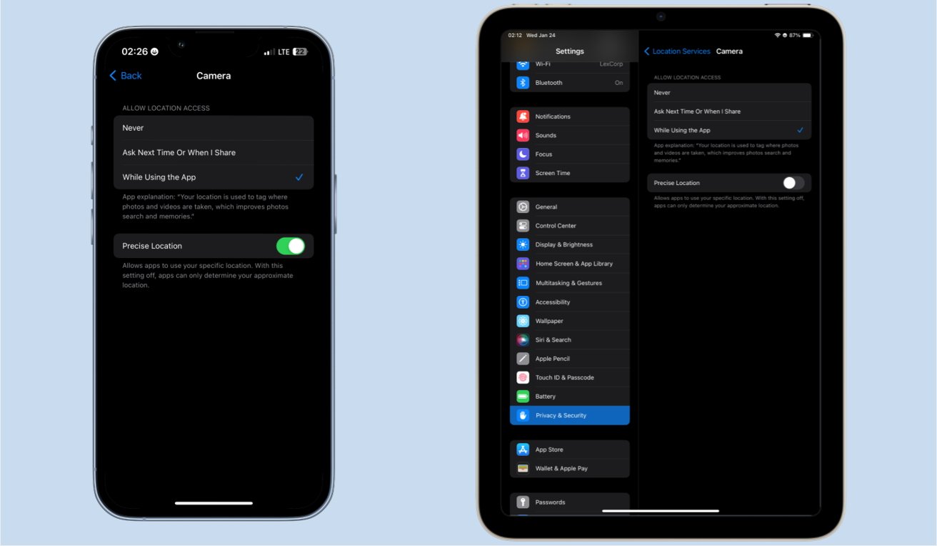 The setting screen to switch off Precise Location for the iPhone (left) and iPad (right)