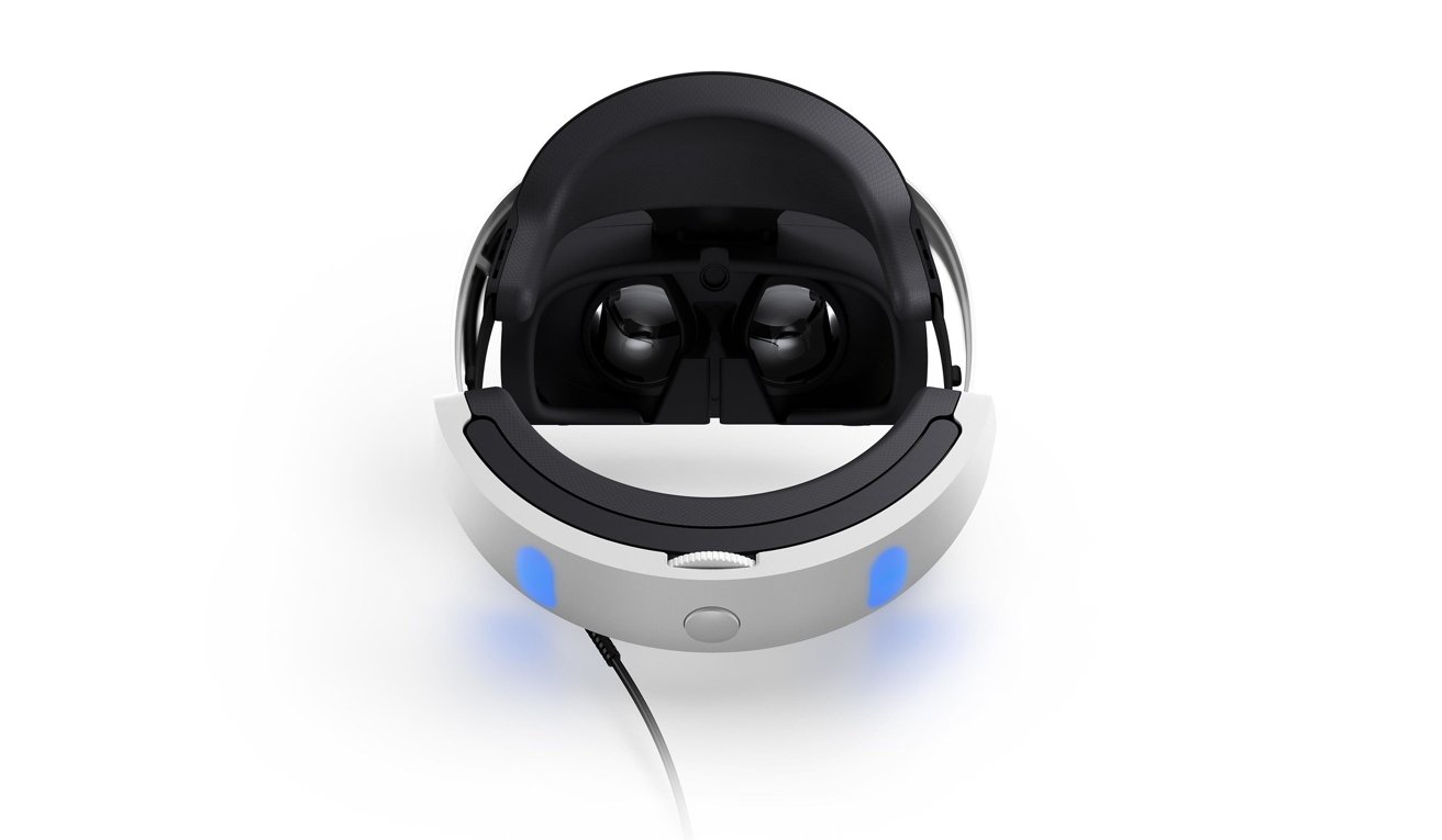 A virtual reality headset with a sleek, modern design, predominantly white with black and blue accents, is showcased against a white background.