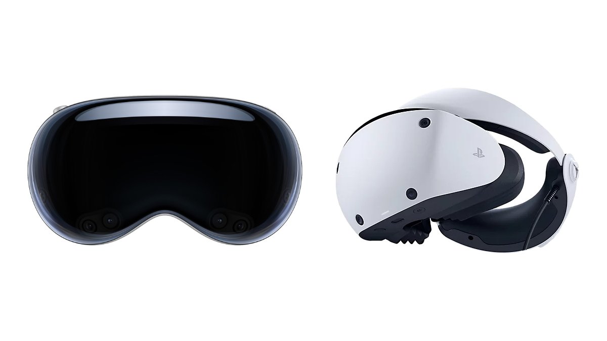 A virtual reality headset with a sleek white and black design, showing front and side views, with visible buttons and adjustment mechanisms.