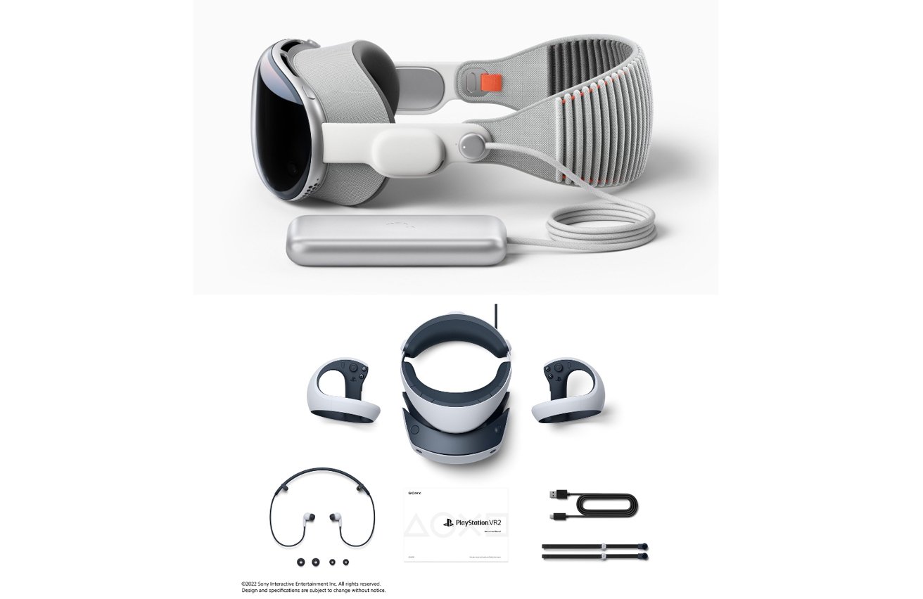 Un casco de realidad virtual y accesorios que incluyen un par de controladores, una estación de carga y cables, todo con un diseño elegante y moderno en colores blanco y negro.