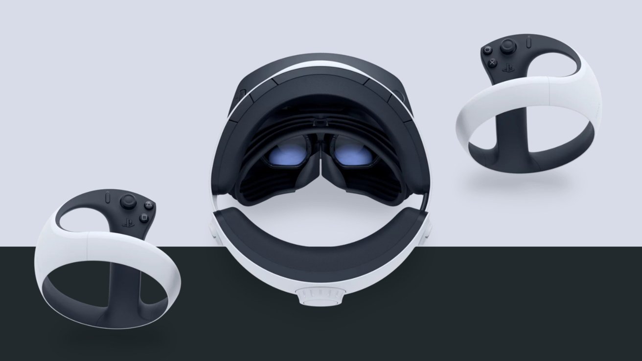 一款虛擬實境耳機，採用時尚的黑白設計，兩側是雙色調背景上兩個匹配的手持控制器。