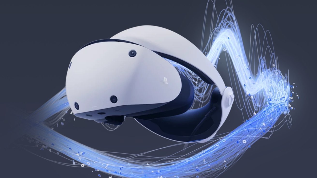 A white and black virtual reality headset floats amidst swirling blue and white digital lines and particles on a dark background.