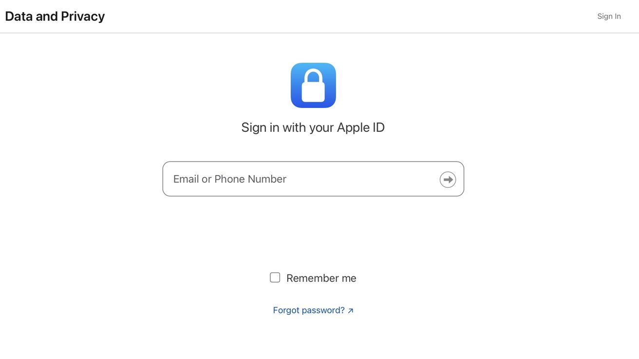 Apple's sign-in screen displaying 'Data and Privacy' with a padlock icon, prompting for an Apple ID via email or phone number