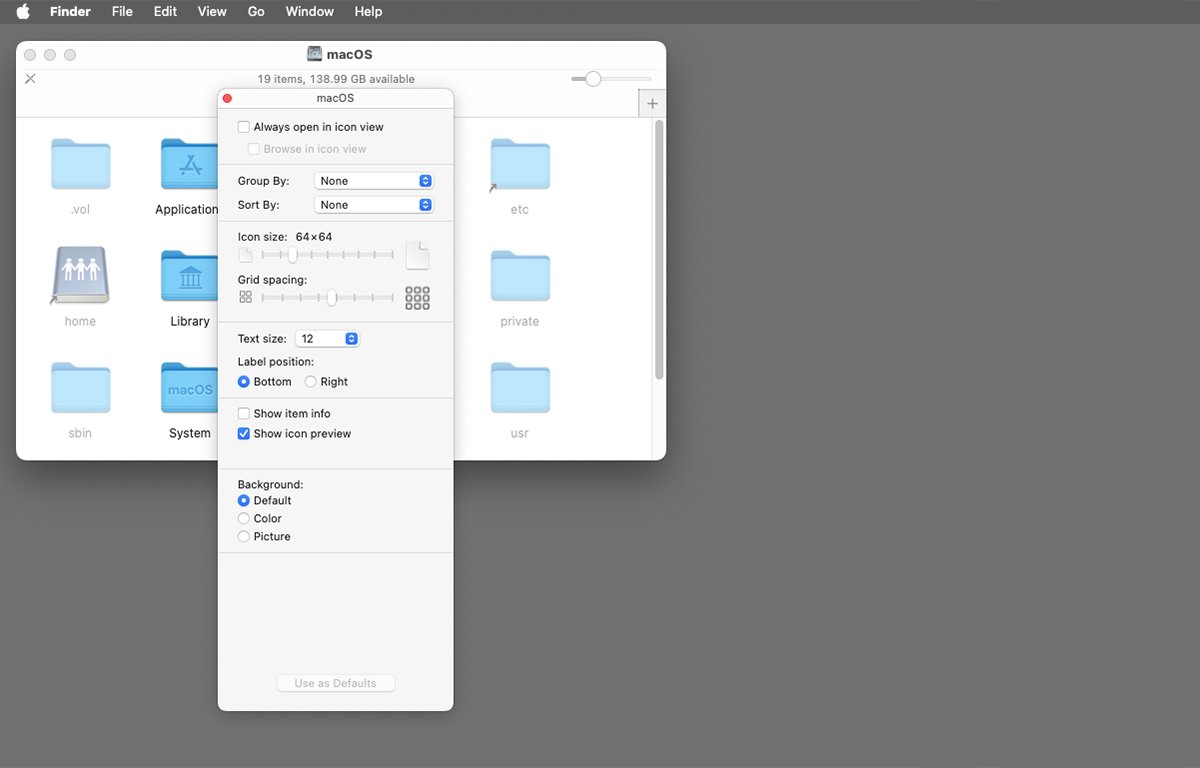 macOS Finder window, with a settings pop-up for adjusting icon size and grid spacing.