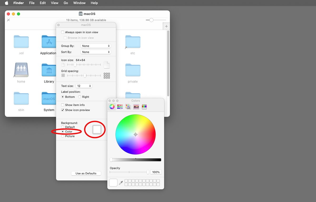 macOS Finder window with an open View Options window and Color Picker.