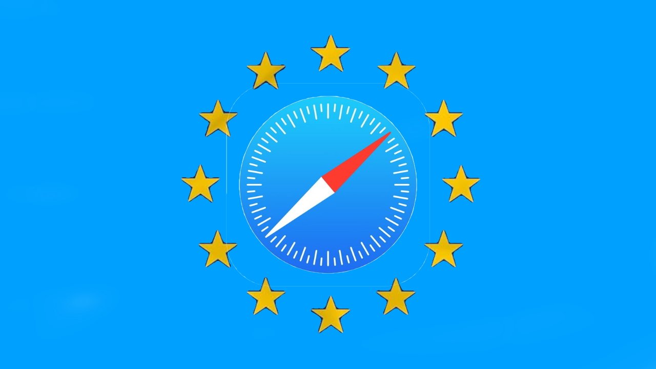 Apple's Safari icon superimposed on an EU flag