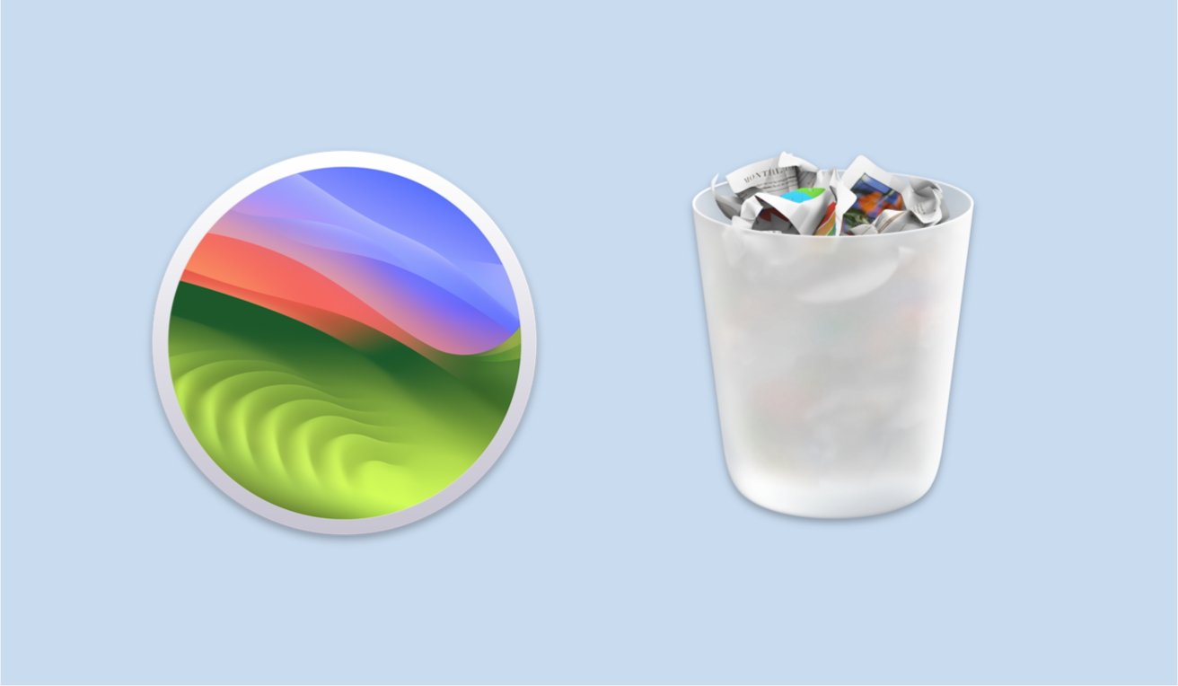 The macOS Sonoma logo next to the macOS Trash Can, filled. Light Blue Background