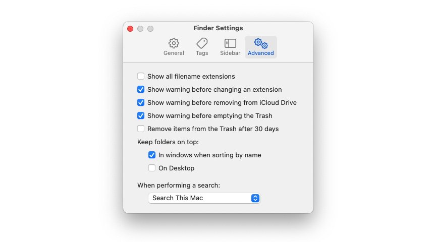 The advanced tab in Finder Settings, with the Remove Items After 30 Days option partially clicked.