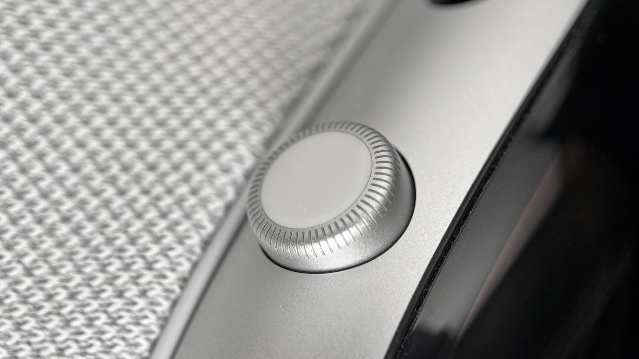 A close up shot of the Digital Crown, a large version of the knob found on Apple Watch