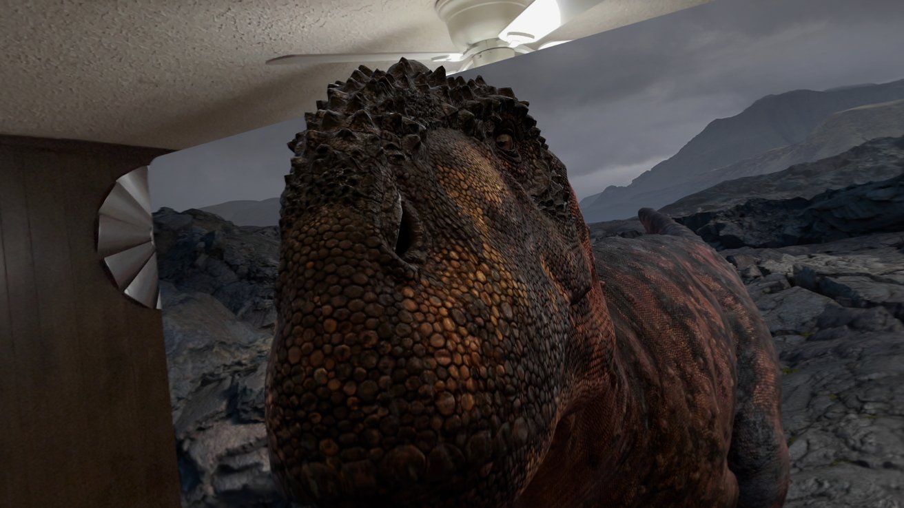 A dinosaur steps through a virtual window seeming really close to the viewer
