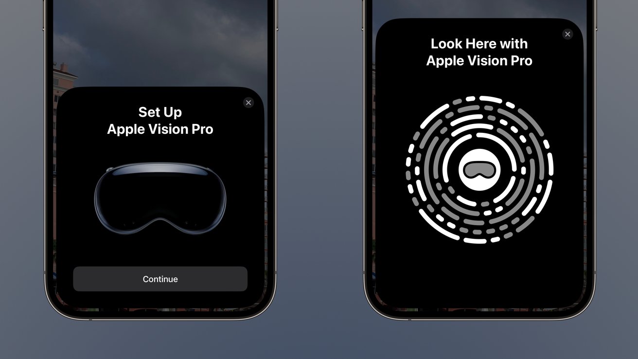 Two iPhone screenshots set within device frames show prompts, one says 'Set Up Apple Vision Pro' and the other has a QR code that says 'Look Here with Apple Vision Pro'