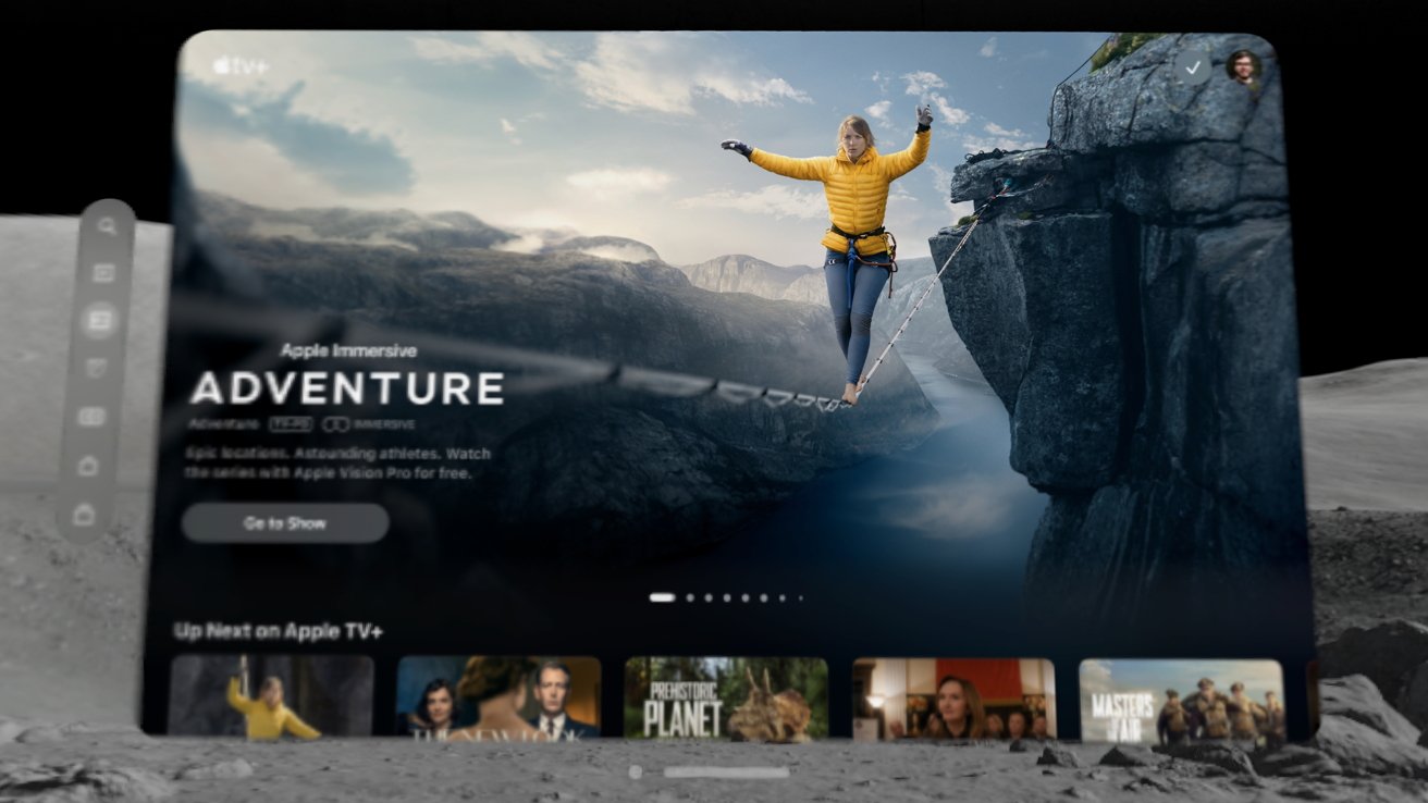 An Apple TV app window floats above the surface of the moon in an immersive environment, the show 'Adventure' is featured