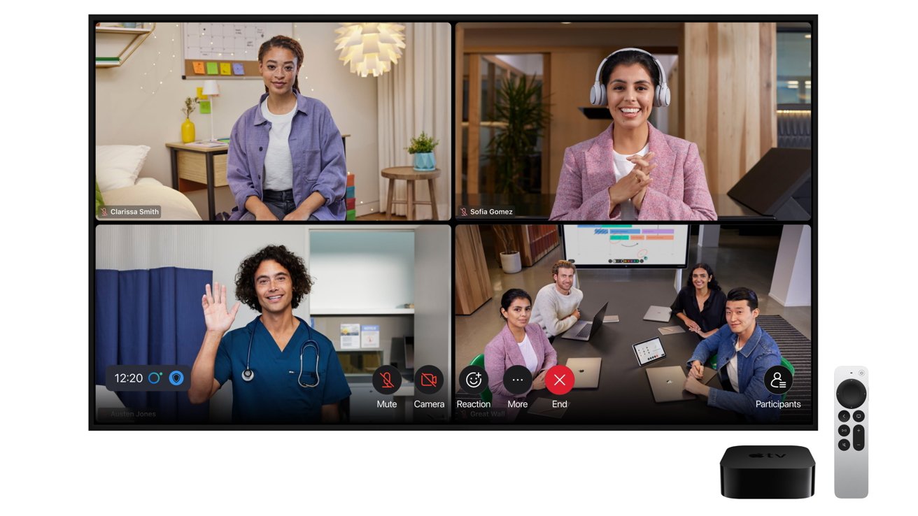 A Webex meeting shown with four video panels, each panel showing a person in the meeting. Video controls at the bottom.