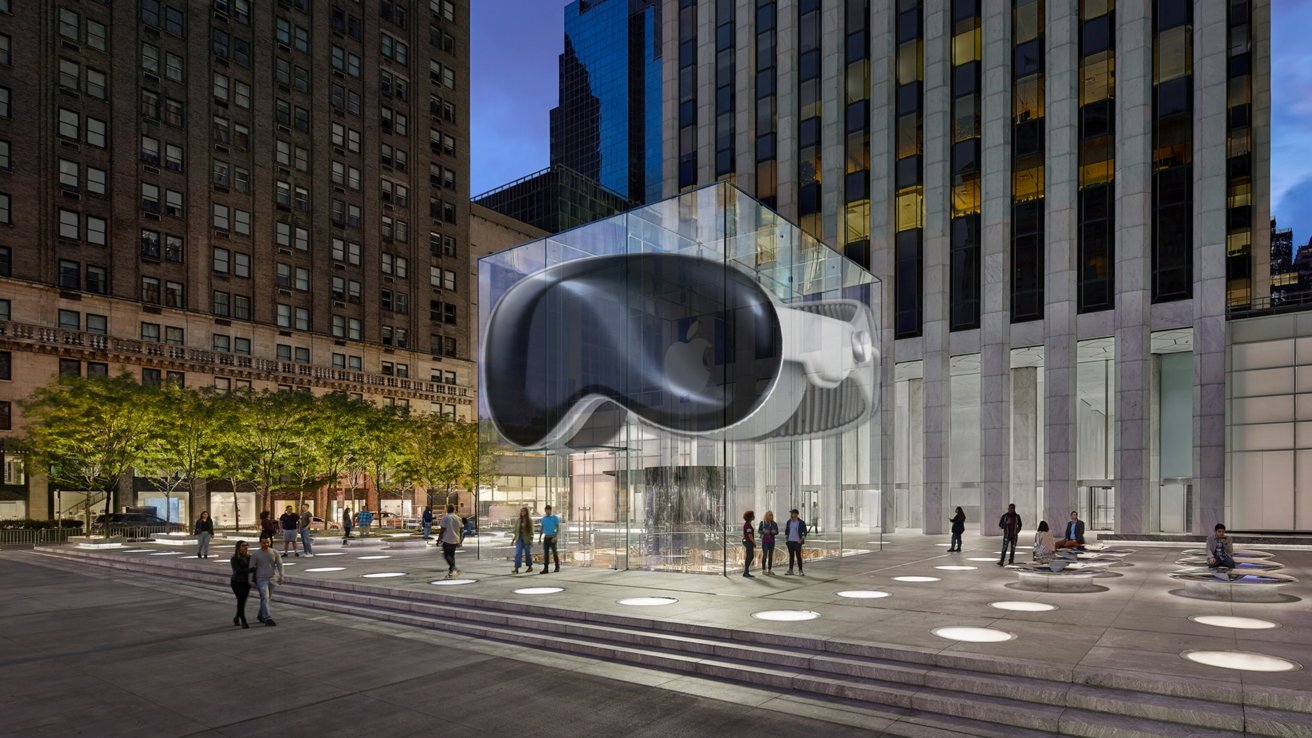 A mockup of the Apple Vision Pro being displayed in the glass cube Apple retail store on Fifth Avenue, New York.