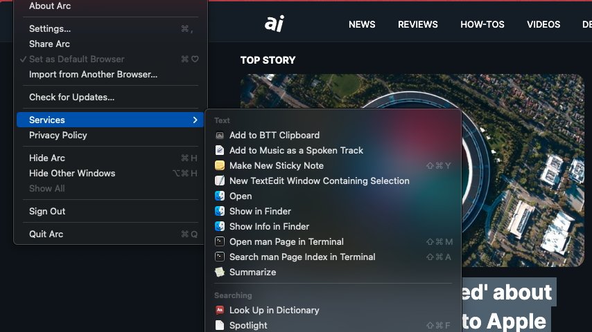 The Services Menu accessed from the Menu Bar in Arc Browser