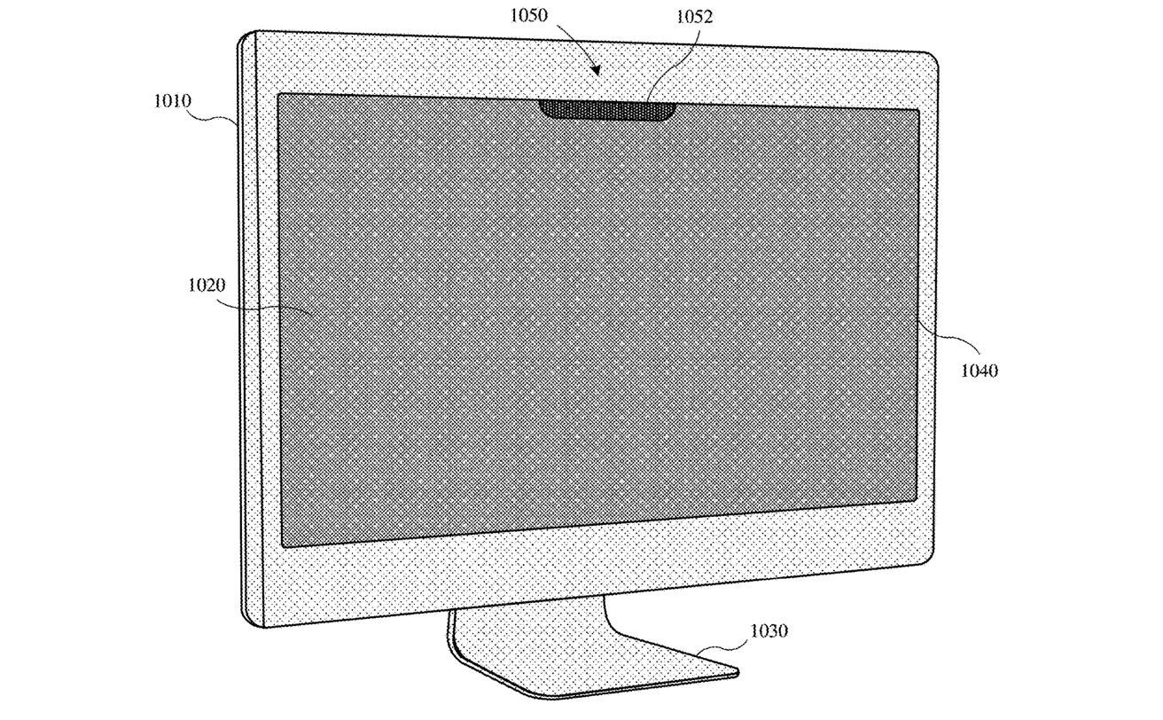 A drawing of an iMac or Apple monitor with a stand, wide bezel, and webcam notch at the top center.