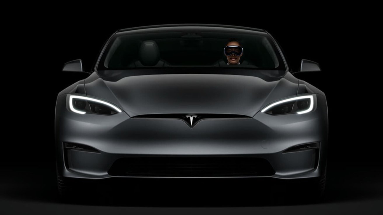 A person wearing Apple Vision Pro sitting inside gray Tesla against a dark background.