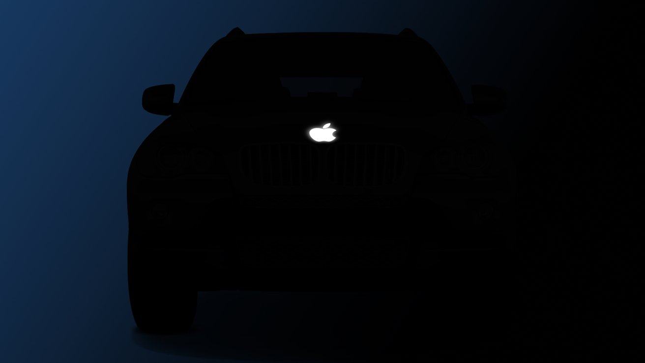 A silhouette of an SUV with an Apple logo glowing white in the center