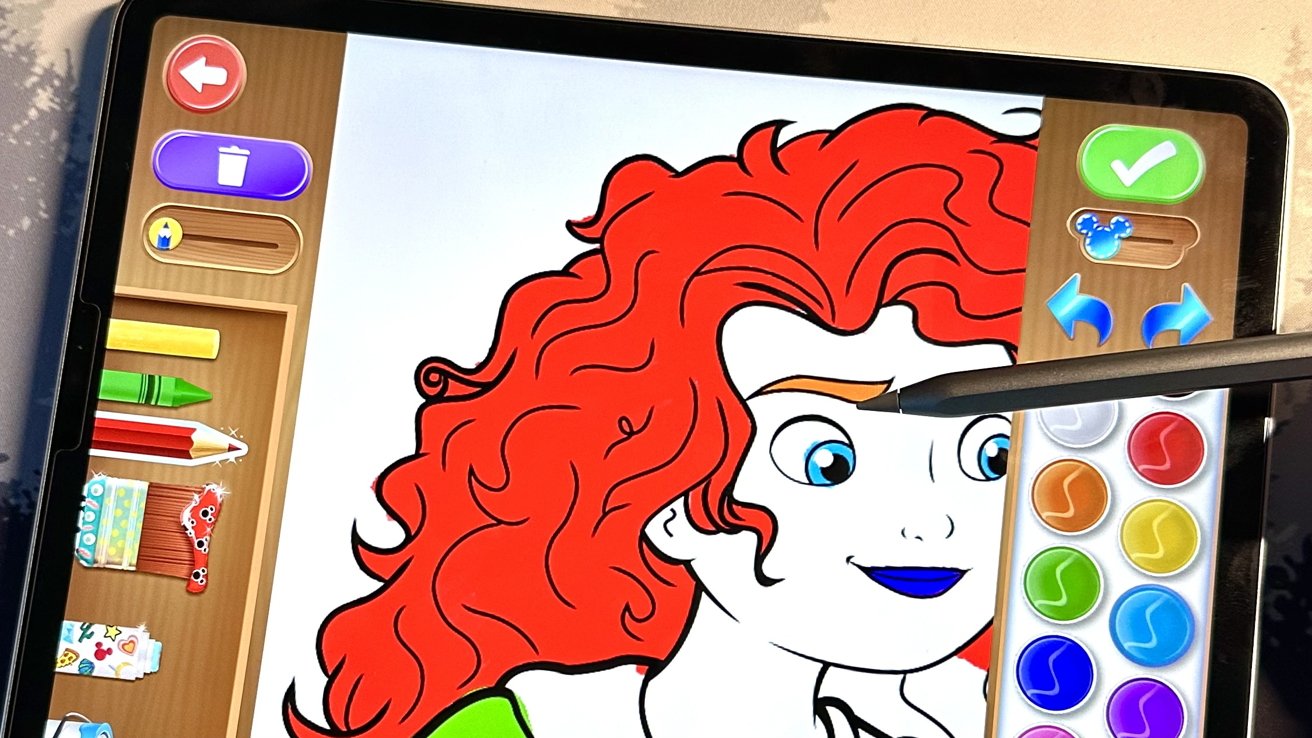 Digital coloring app interface on a tablet showing vibrant red-haired character and a palette of colors.