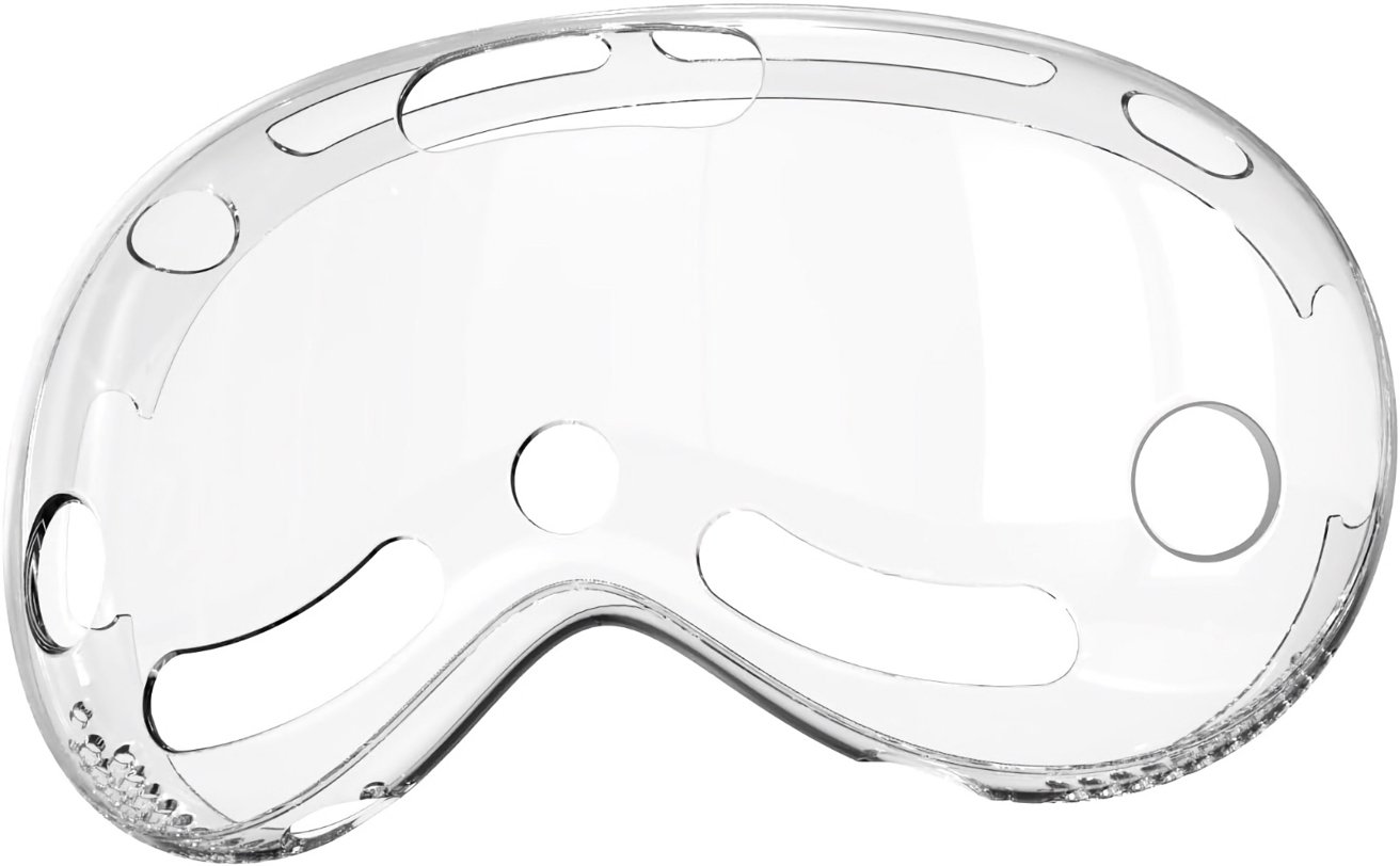 Clear plastic face shield with vent holes and attachment points, isolated on a white background.