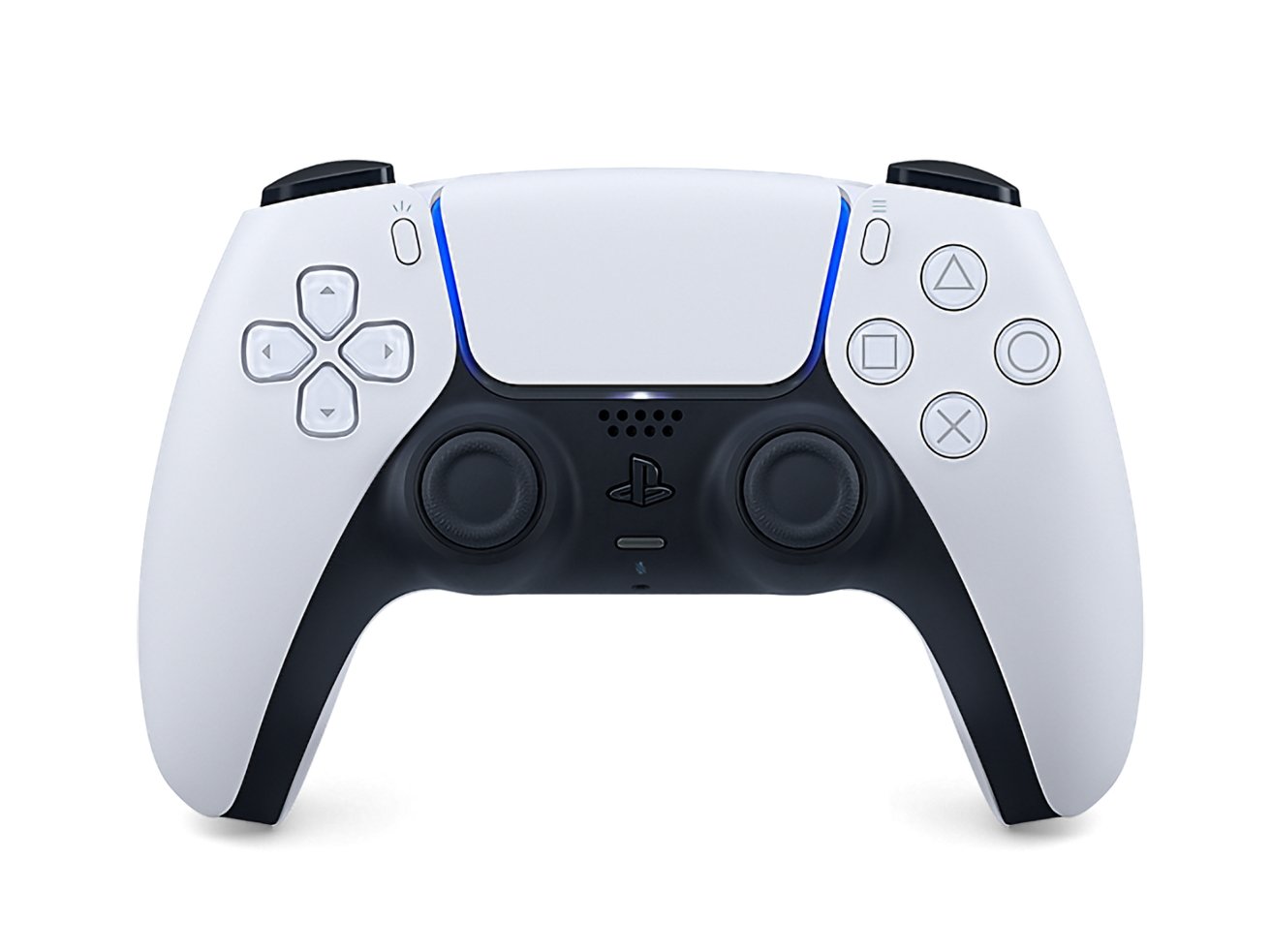 A PlayStation 5 controller with white and black design, dual thumbsticks, and classic button layout.